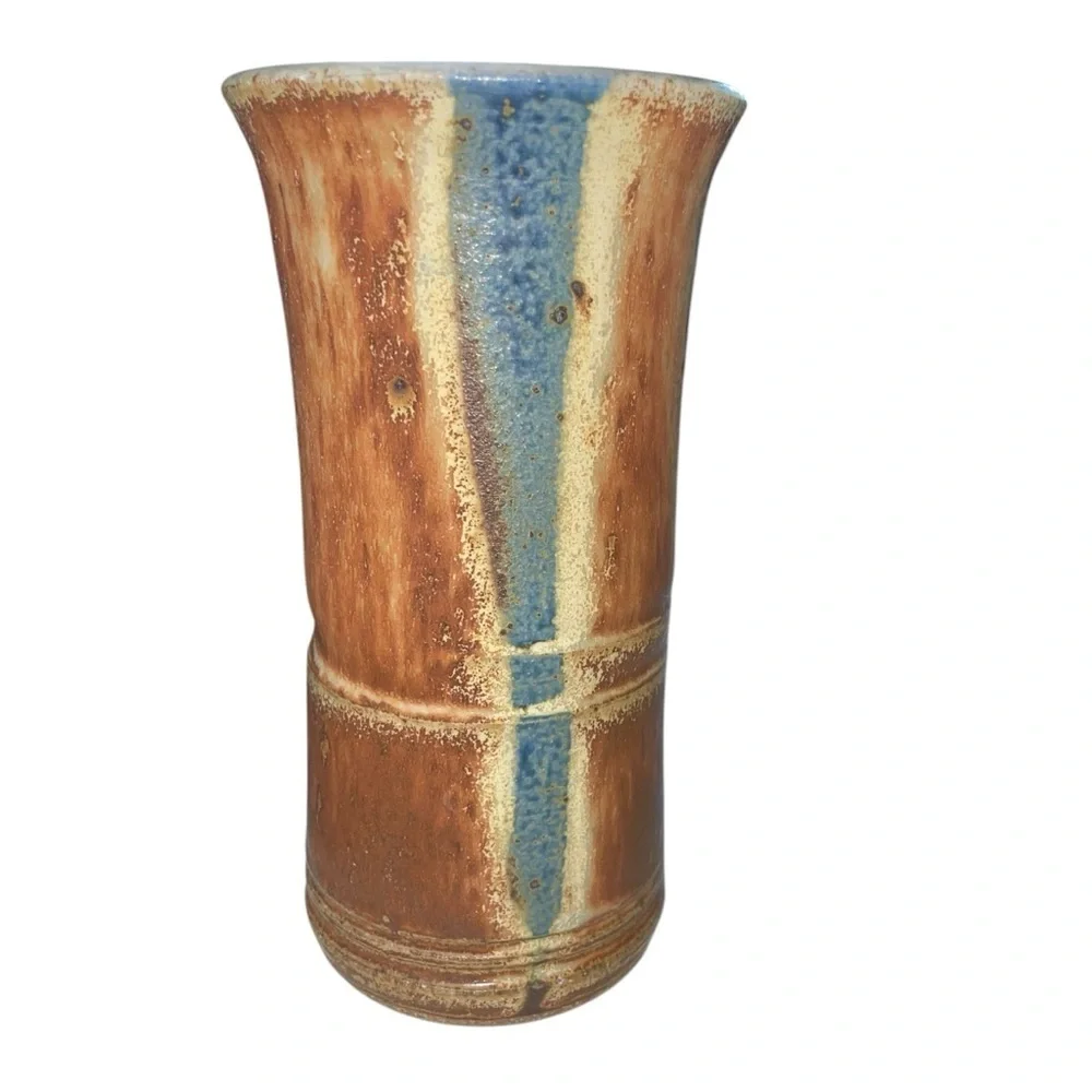 Handmade Vintage Scandinavian Rustic Ceramic Vase – Brown & Blue Glazed Pottery